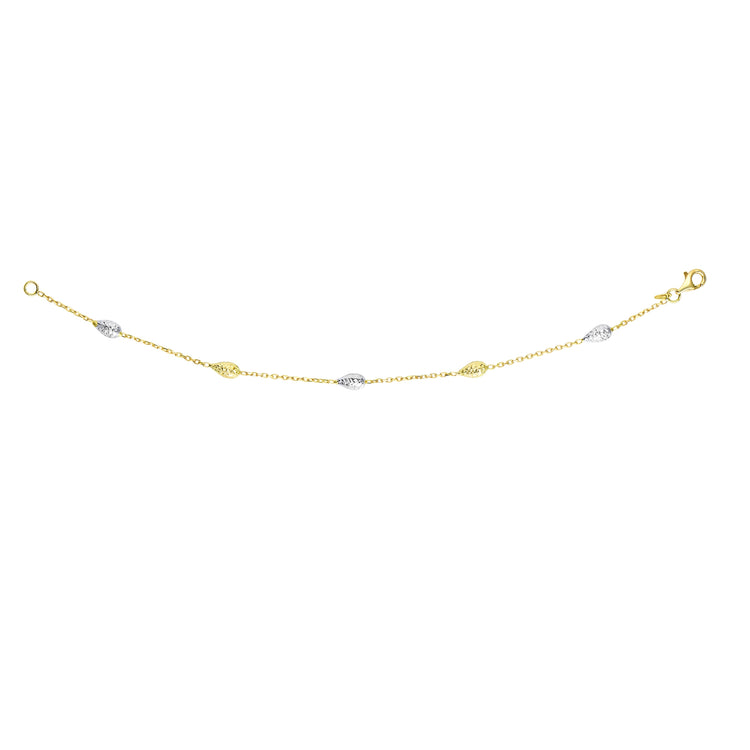 14K Two-tone Gold Diamond Cut Bead Pear Shape Station Bracelet