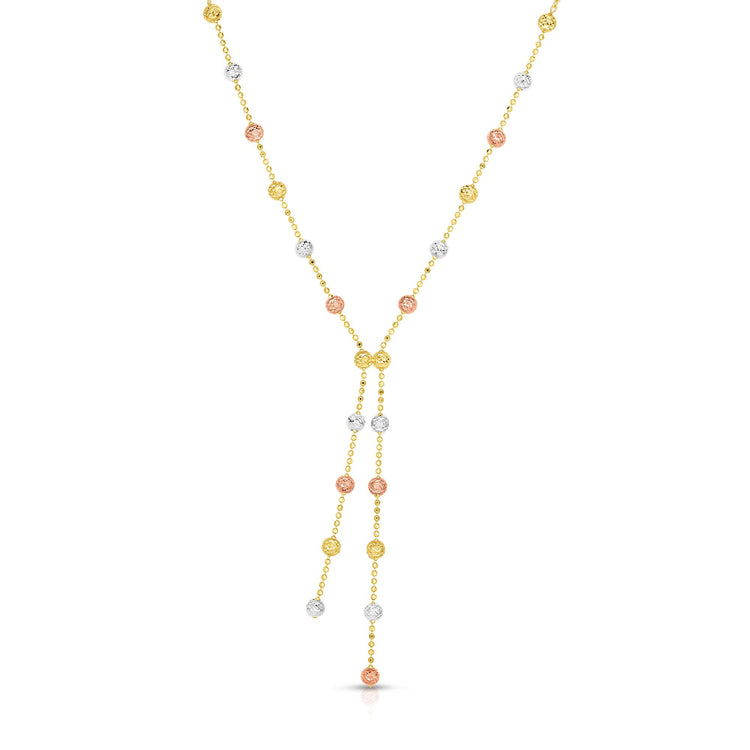 14K Tri-color Gold Diamond Cut Lariat Bead Necklace