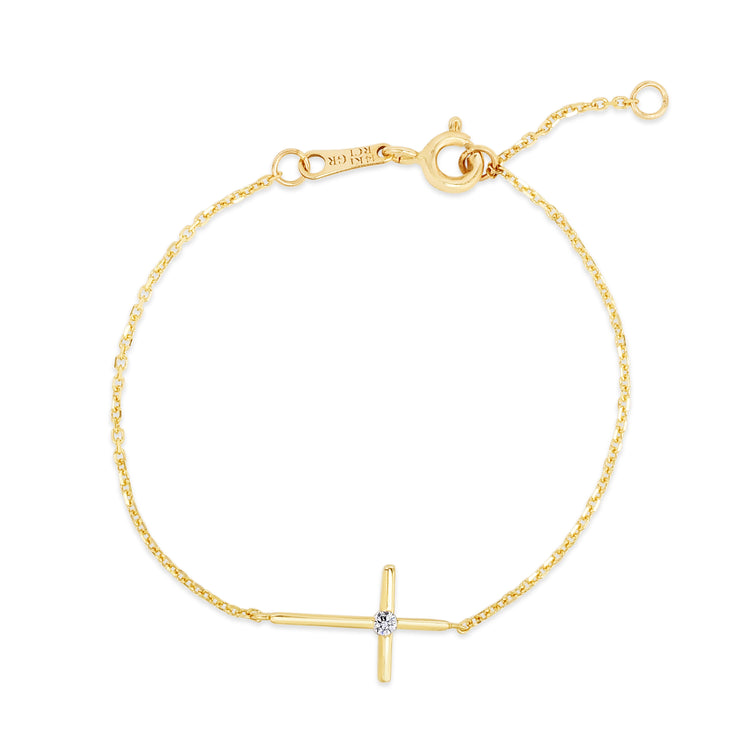 14K Gold CZ Side Cross Bracelet