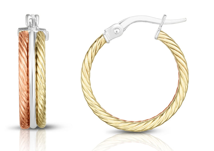 14K Tri-color Gold Polished & Rope Hoop Earring