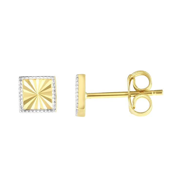 14K Gold Diamond Cut Square Stud Earring